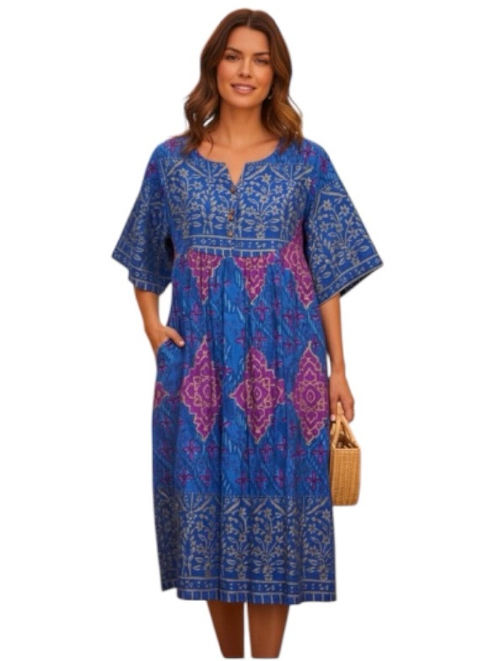 Santé Blue Midi Dress L Cotton Bohemian Boubou Short Sleeve Relaxed Fit Lounge